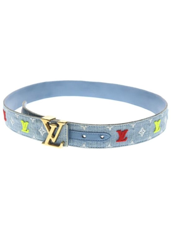 Louis Vuitton LV New Wave Monogram Embroidery Denim Leather Belt Gold Indigo